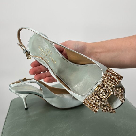 Vintage Valentino Rhinestone Bow Kitten Sling Back Heels in Size 36 - Picture 1 of 6